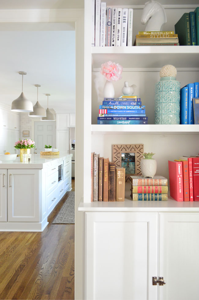 How to decorate the back of a bookcase + easy shelf liners for the kitchen  cabinets - Green With Decor
