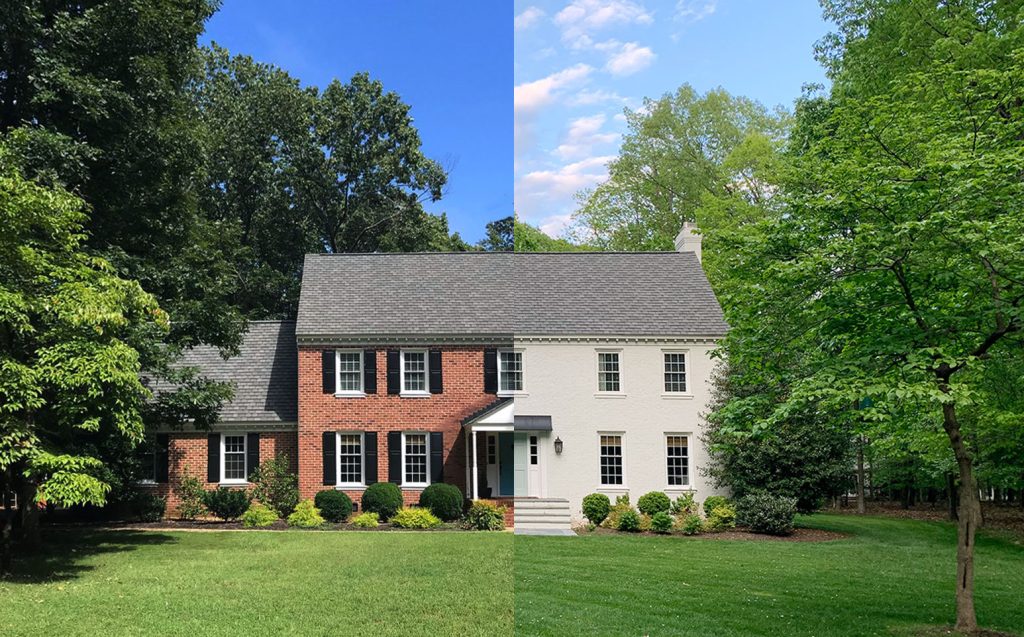 Split Before And After Of Brick House Painted White