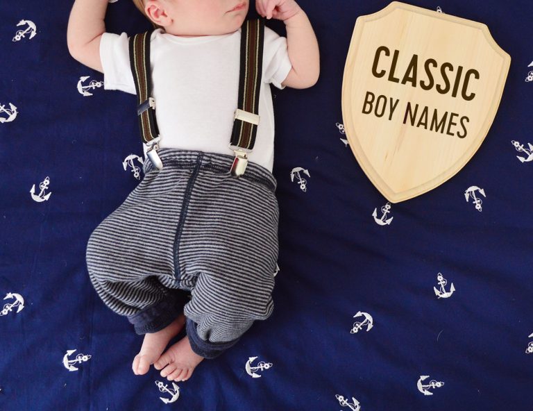 Newborn Baby Boy Laying On Blue Blanket With Plaque Reading Classic Boy Names