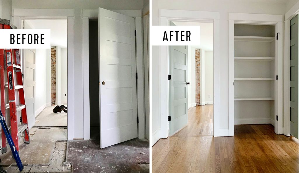 Before and after of refinished hardwood floors in upstairs duplex