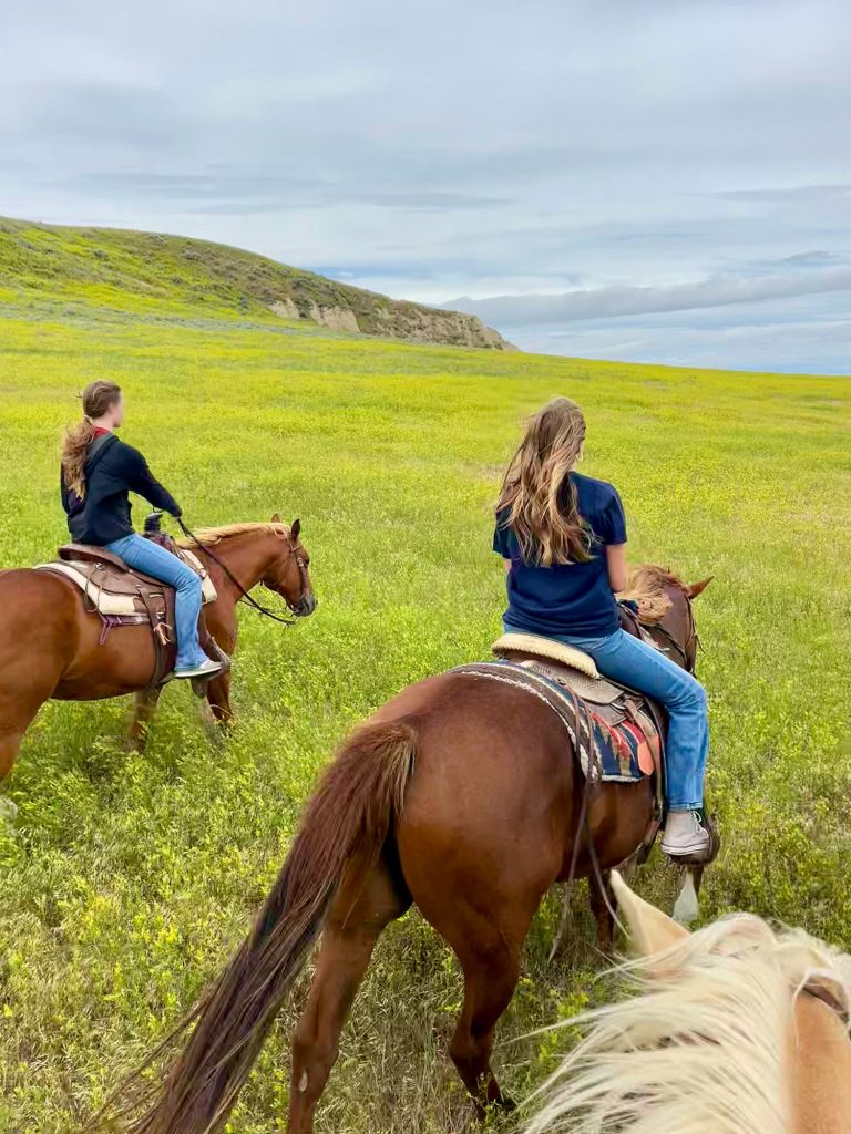 Two Girls Horseback Riding In Badlands South Dakota Among Sweet Clover