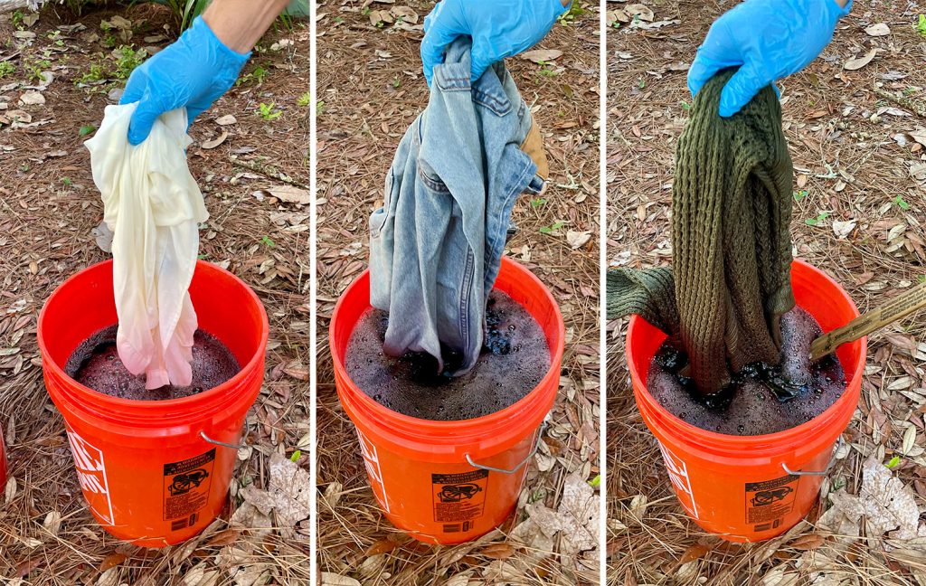 Adding Three Pieces of Clothing To Black Rit Fabric Dye Bucket