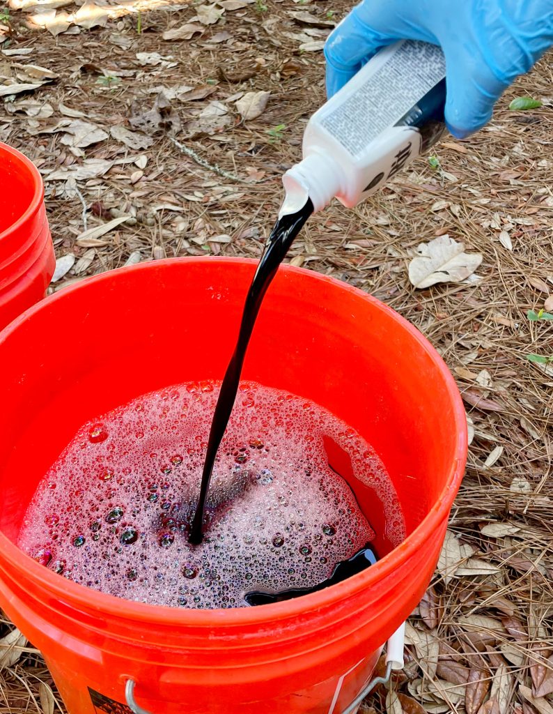 Pouring Bottle Of Black Rit Fabric Dye Into Hot Water Bucket