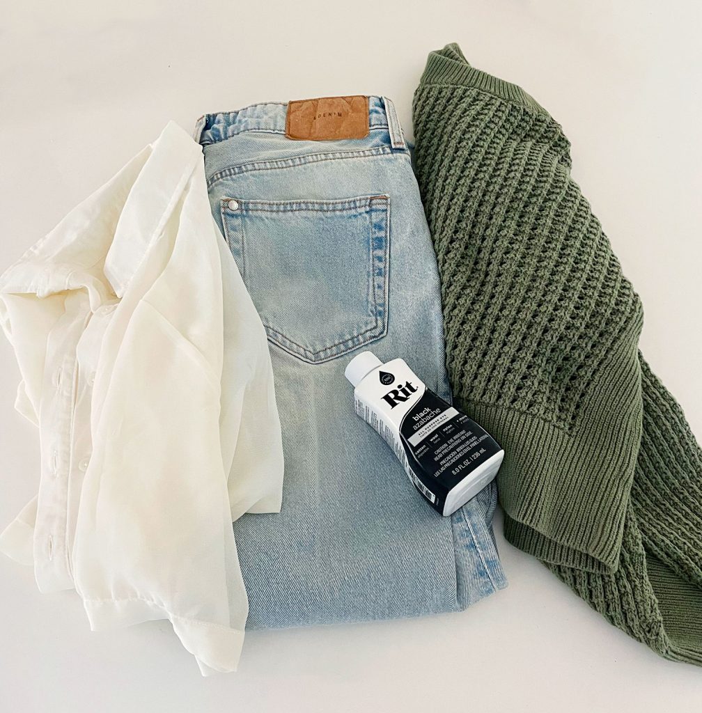 White Shirt Denim Jeans And Green Sweater To Be Dyed Black With Rit Fabric Dye