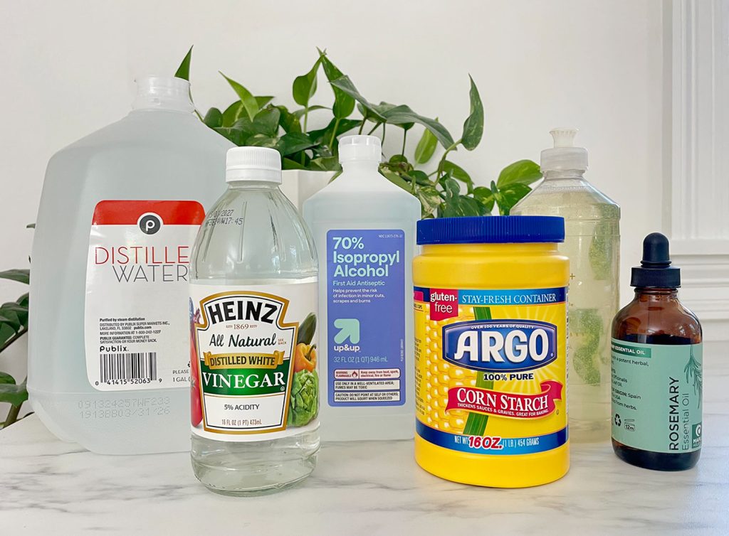 Active Cleaning Ingredients In Homemade Glass Cleaner Distilled Water White Vinegar Rubbing Alcohol CornStartch Dish Soap And Essential Oil