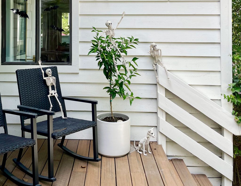 Skeletons On Front Porch Posed In Different Positions